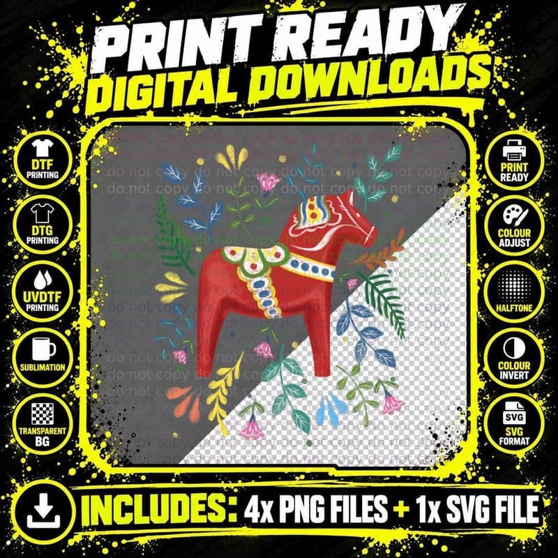 Swedish Dala Horse Folk Art Sweden Flag Dalahelmsoljd Png SVG Digital Bundle