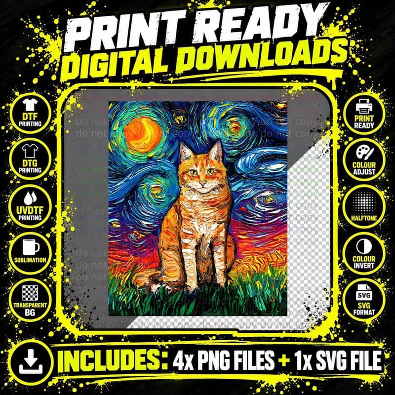 Tabby Cat Starry Night Colorful, Van Gogh Png SVG Digital Bundle