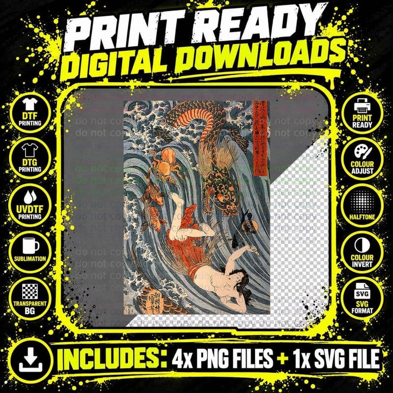Tamatori Dragon Japanese Great Wave off Kanagawa Ukiyo-E Png SVG Digital Bundle