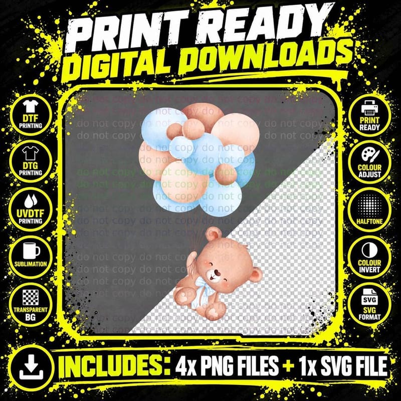 Teddy Bear with Balloons T-Shirt, Whimsical Kids Apparel Png SVG Digital Bundle