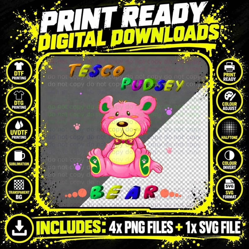 Tesco Pudsey Bear T-Shirt, Retro 80s Style Png SVG Digital Bundle