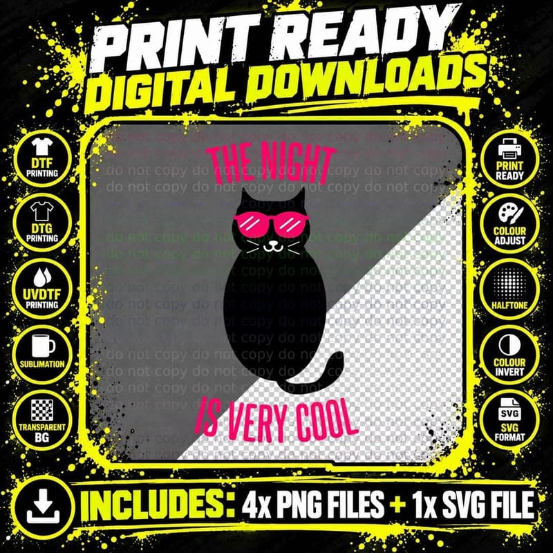 The Night Is Very Cool Funny Cat T-Shirt Png SVG Digital Bundle