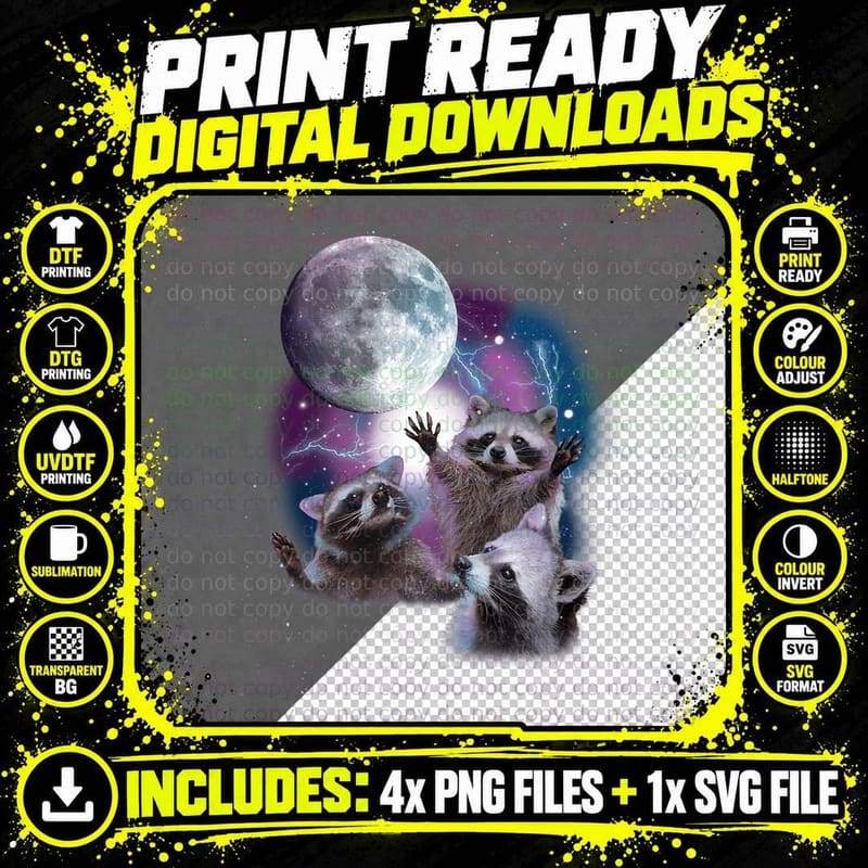 Three Raccoons Howling at the Moon T-Shirt Png SVG Digital Bundle