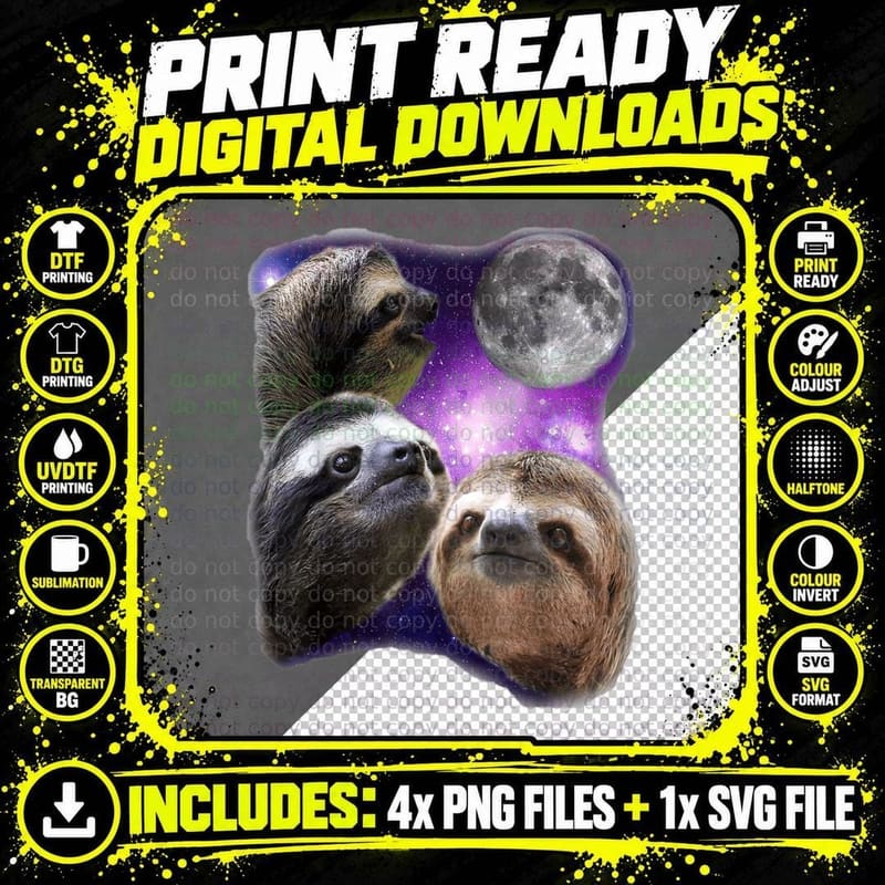 Three Sloths Moon T-Shirt, Galaxy Sloth Wolf Parody Png SVG Digital Bundle