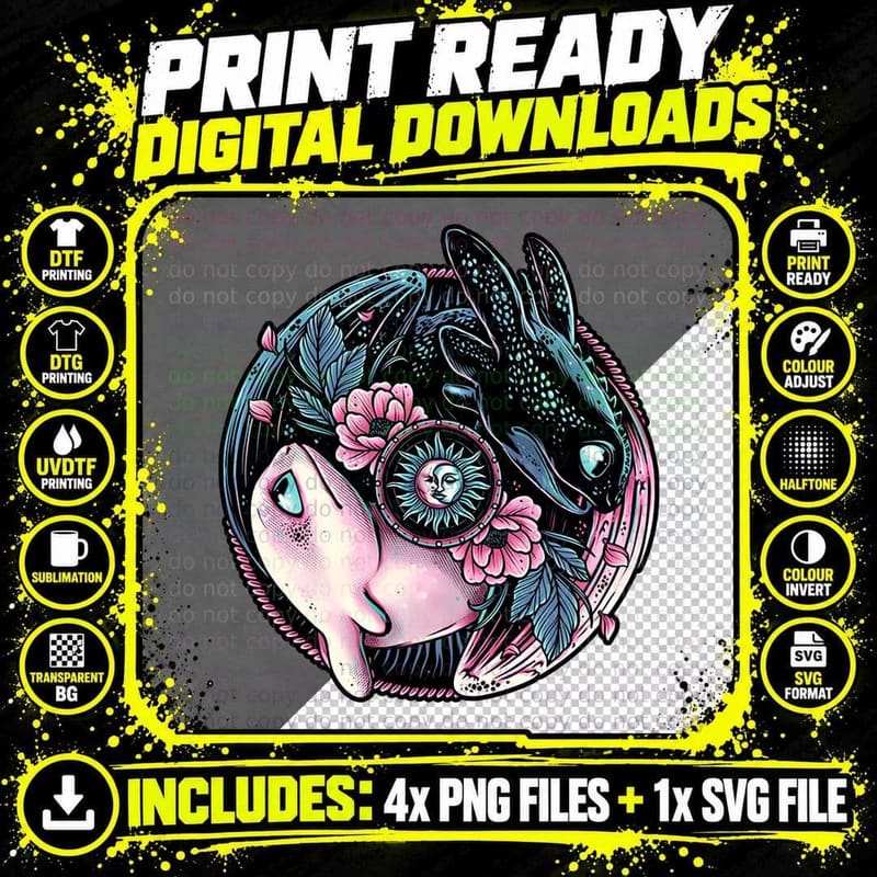 Toothless Light Fury Yin Yang, Pink Floral Sun Moon Png SVG Digital Bundle