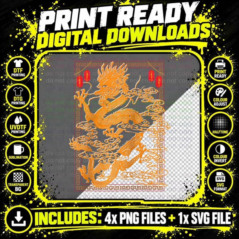Traditional Golden Chinese Dragon Symbol of Asian Png SVG Digital Bundle
