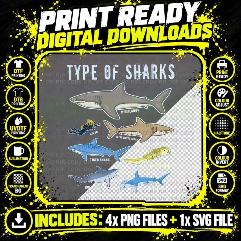 Type of Sharks T-Shirt, Sea Creatures Design Png SVG Digital Bundle