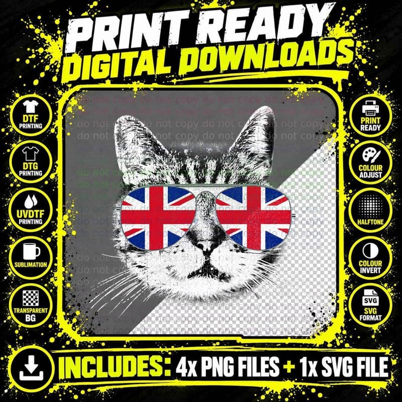 UK Union Jack British Flag England Cat Sunglasses Gift Png SVG Digital Bundle
