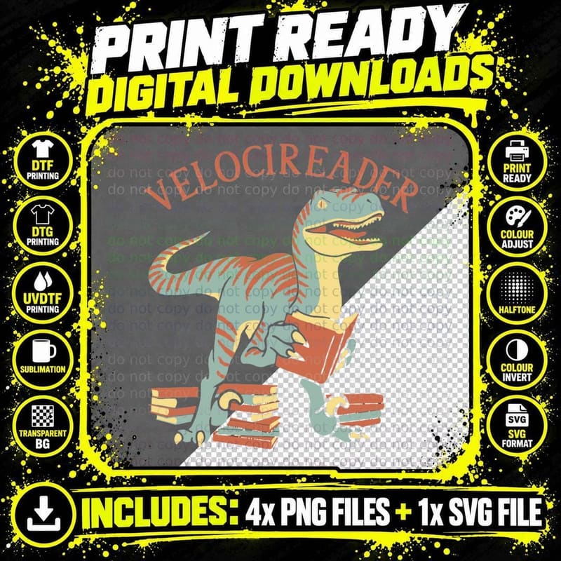 Velocireader Reading Velociraptor, Dinosaur with Books Png SVG Digital Bundle