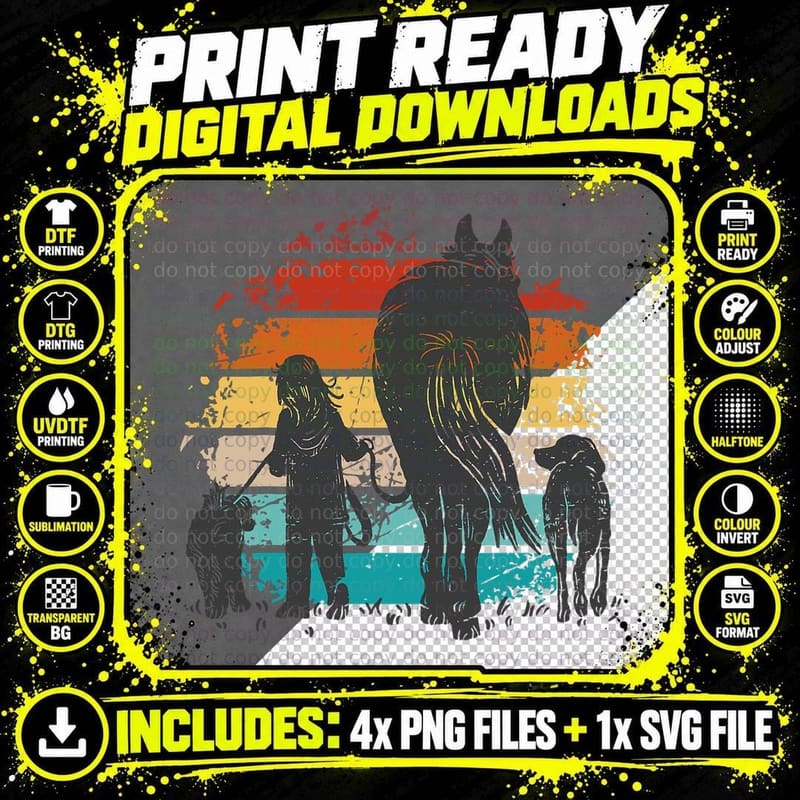 Vintage Girl with Dogs and Horse, Horseback Riding Girls Png SVG Digital Bundle