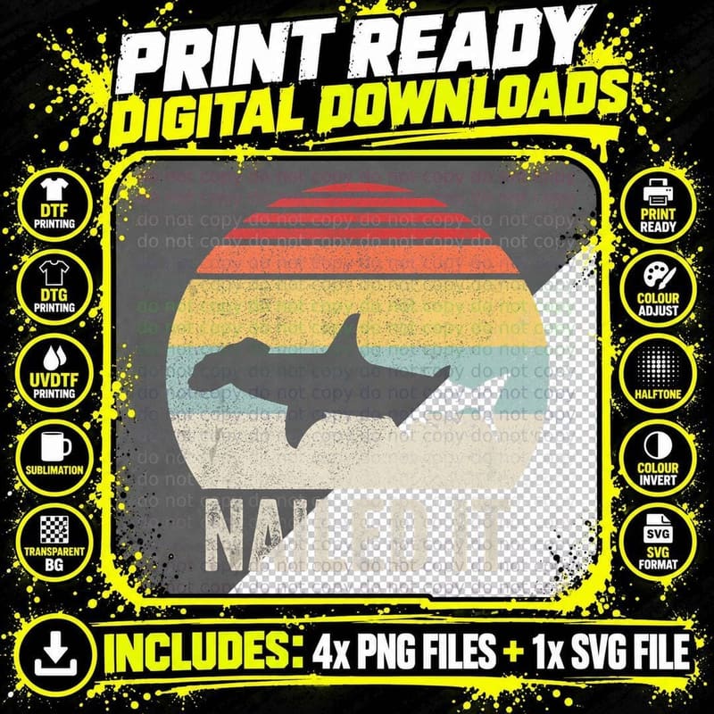 Vintage Retro Hammerhead Shark T-Shirt, Nailed It Style Png SVG Digital Bundle