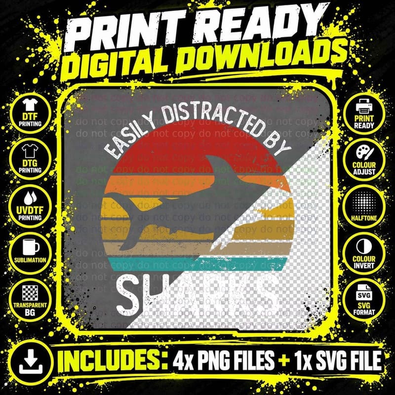 Vintage Retro Shark T-Shirt, Easily Distracted by Sharks Png SVG Digital Bundle