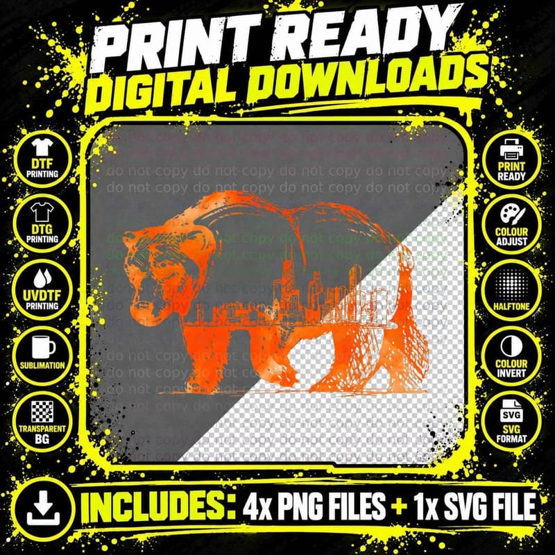 Walking Bear Silhouette Downtown Chicago City Skyline Png SVG Digital Bundle