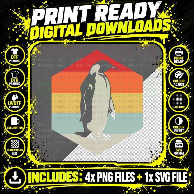 Walking Emperor Penguin, Retro Sunset Stripes Png SVG Digital Bundle