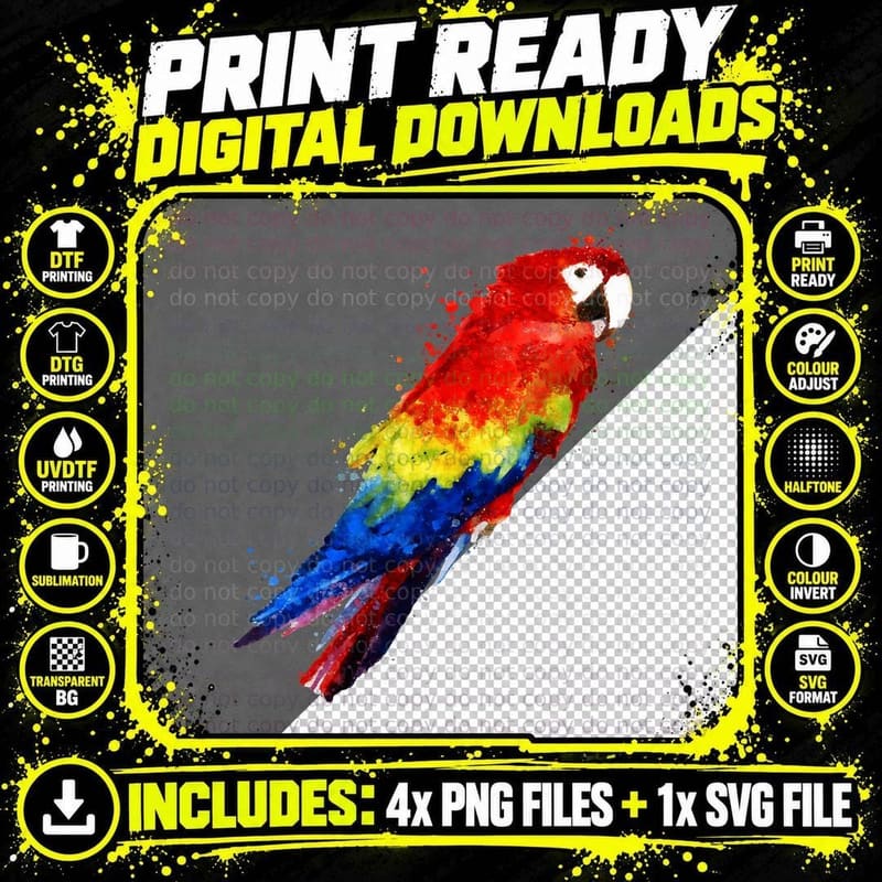 Watercolour Colourful Scarlet Macaw Parrot Bird Painting Png SVG Digital Bundle