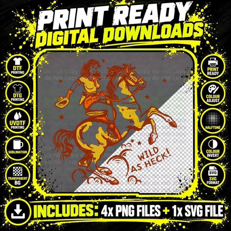 Wild as Heck Cute & Fun Retro Cowgirl Pinup Riding a Png SVG Digital Bundle