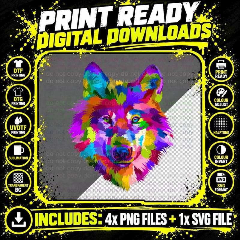 Wolf Pop Art Geometric Tee, Colorful Rainbow Wolf Head Png SVG Digital Bundle