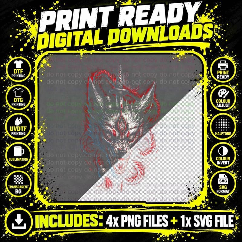 Wolf Samurai T-Shirt, Wolf Fantasy Art, Fantasy Apparel Png SVG Digital Bundle