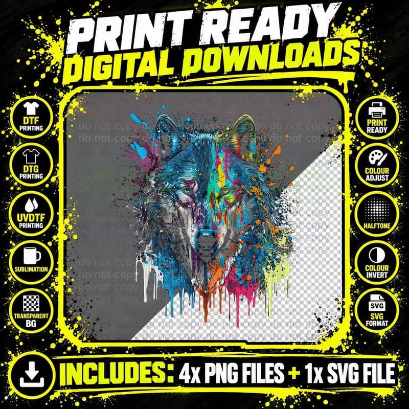 Wolf Silhouette Splash Art Wolves Face T-Shirt Png SVG Digital Bundle