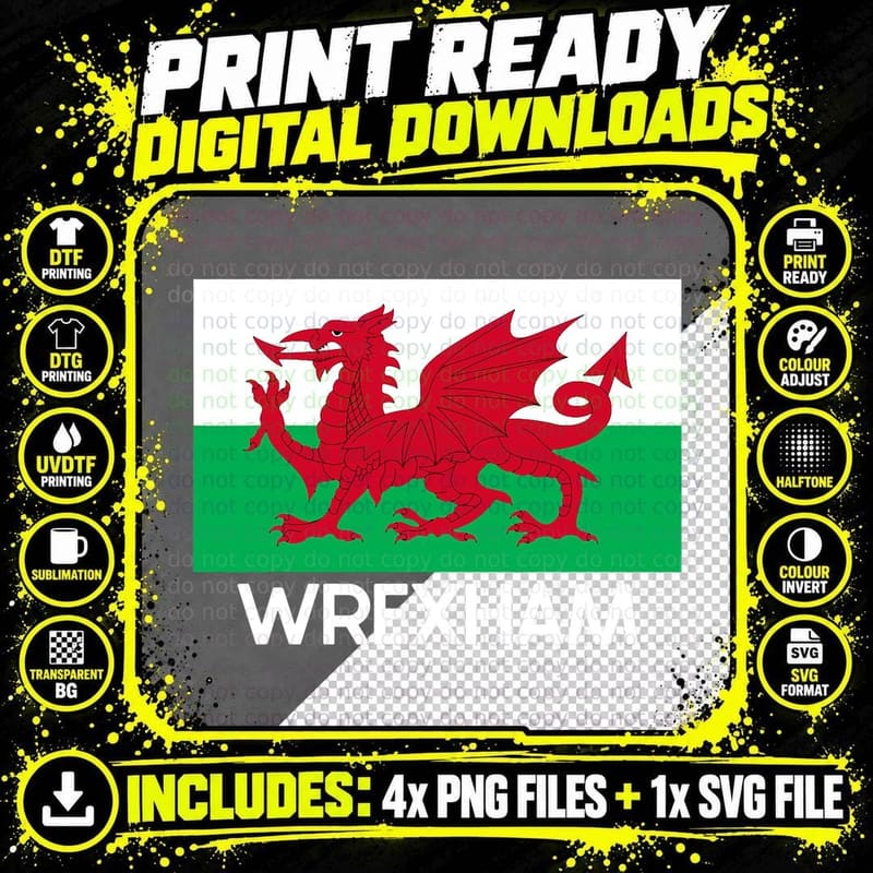 Wrexham Welsh Dragon Flag T-Shirt, Red Dragon on Green Png SVG Digital Bundle
