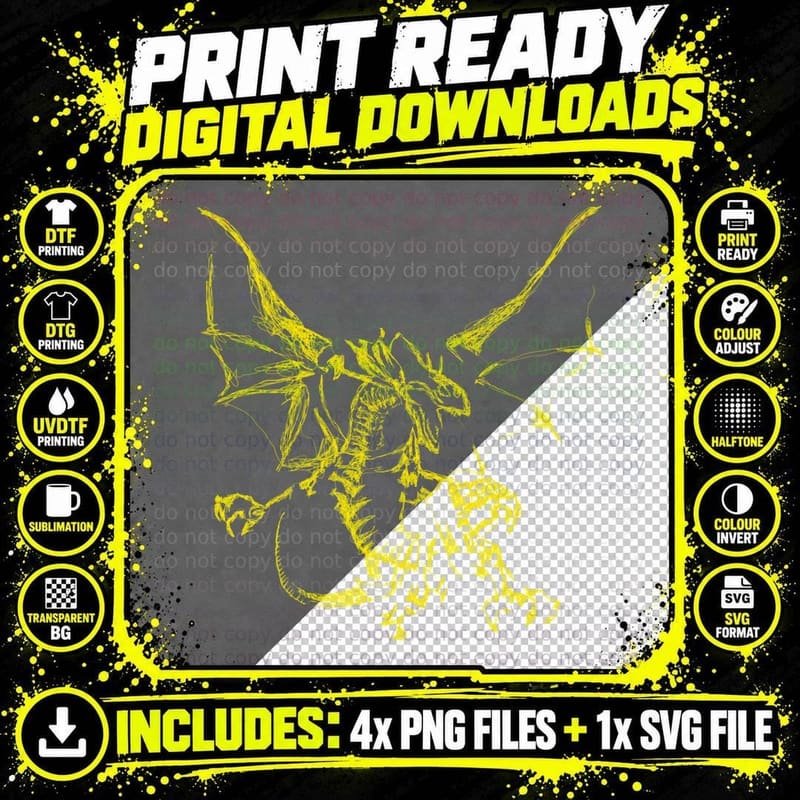 Yellow Mystic Lightning Dragon T-Shirt Png SVG Digital Bundle