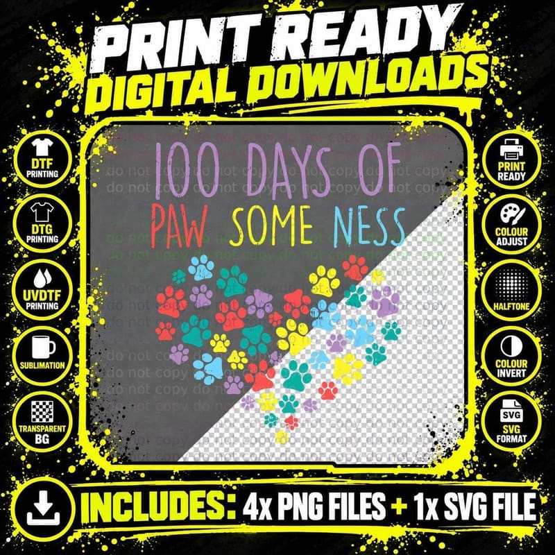 100 Days of Pawsomeness Heart 100th Day School Dog Cat Png SVG Digital Bundle