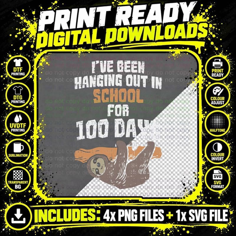 100th Day of School 100 Days Hanging Sloth Student Png SVG Digital Bundle