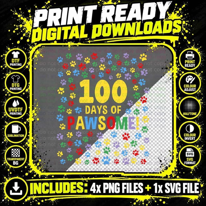 100th Day of School 100 Days of Pawsome Dog Cat Paws Png SVG Digital Bundle