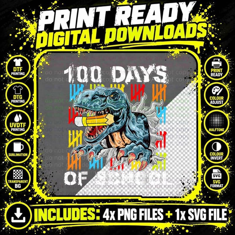 100th Day of School Dino Kids Happy 100 Days Dinosaur Png SVG Digital Bundle