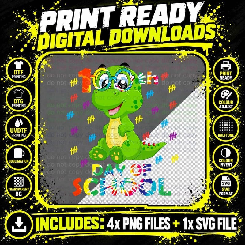 100th Day of School Dinosaur T Rex Boys Kids 100 Days Png SVG Digital Bundle