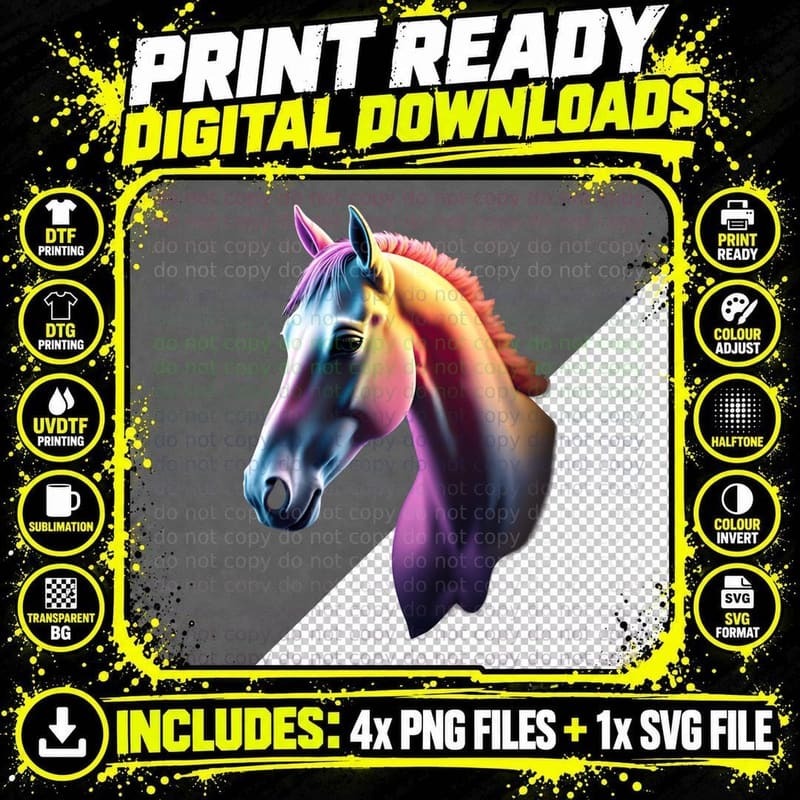 3D Gradient Horse Colorful Rainbow Animal Print T-Shirt Png SVG Digital Bundle
