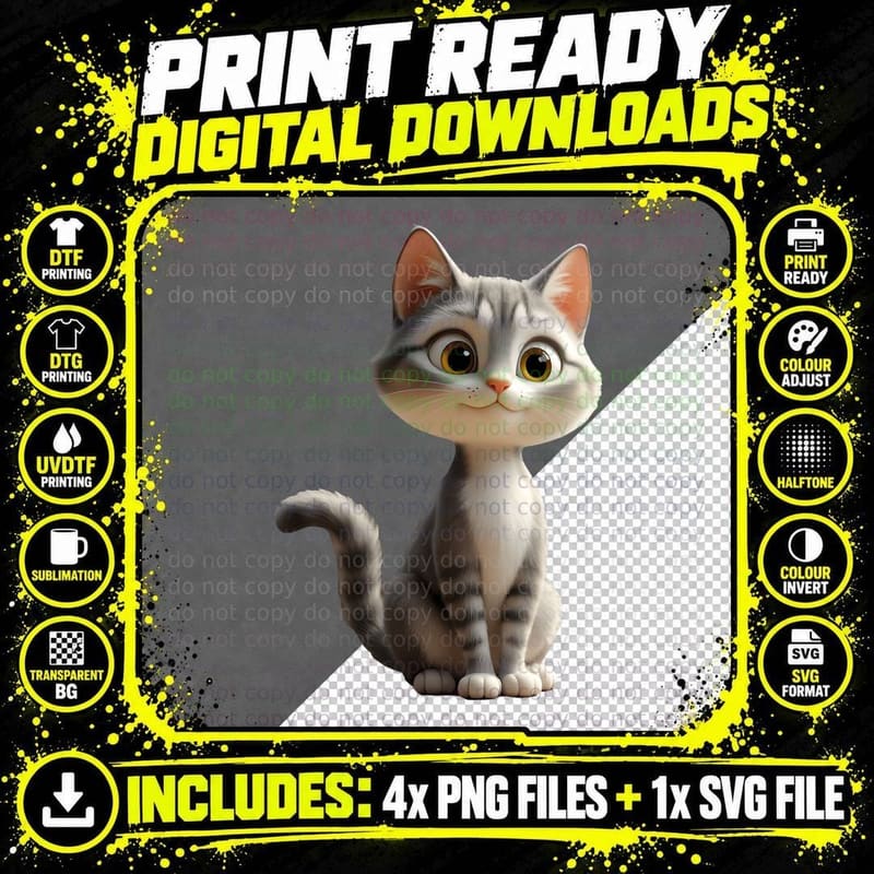 Adorable Tabby Cat Sitting Upright with Big Yellow Eyes Png SVG Digital Bundle