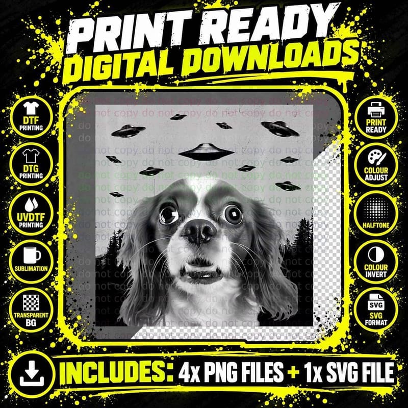 Alien UFO Funny Cavalier King Charles Spaniel Dog Lover Png SVG Digital Bundle