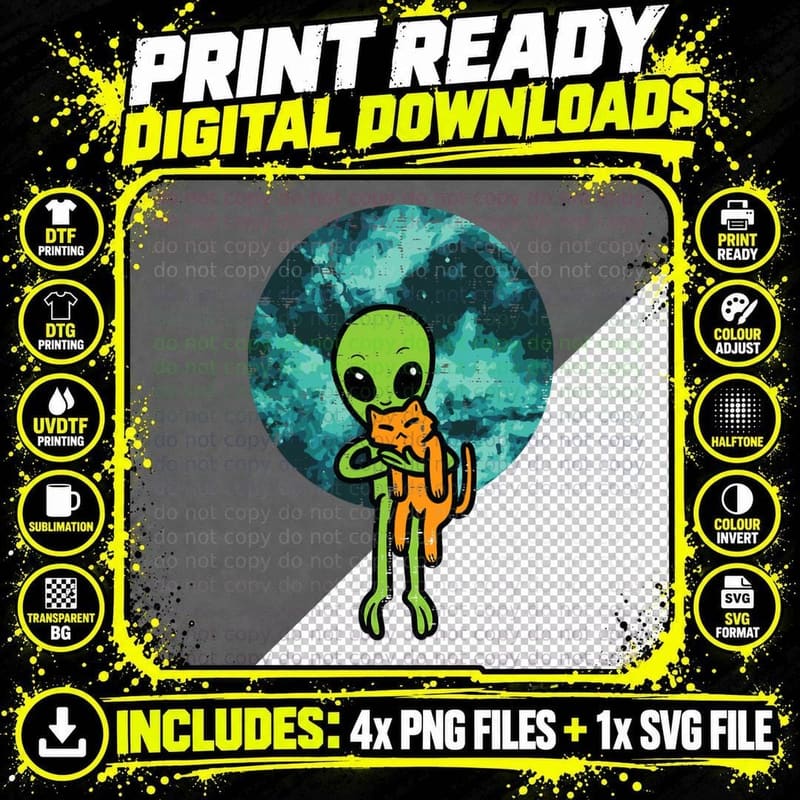 Alien and Cat Funny UFO Space Feline Pet Owner Men Women Png SVG Digital Bundle