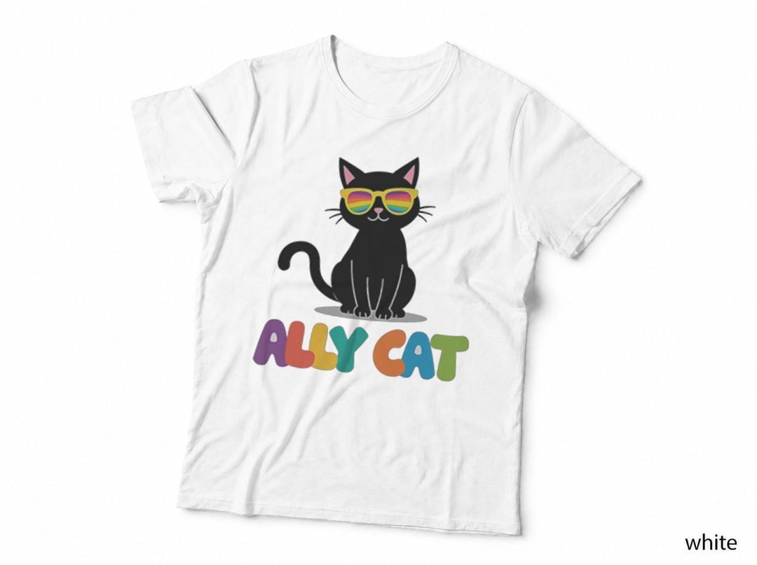 Ally Cat Black Cat Rainbow Sunglasses Pride Support Cartoon Cute Design T-Shirt