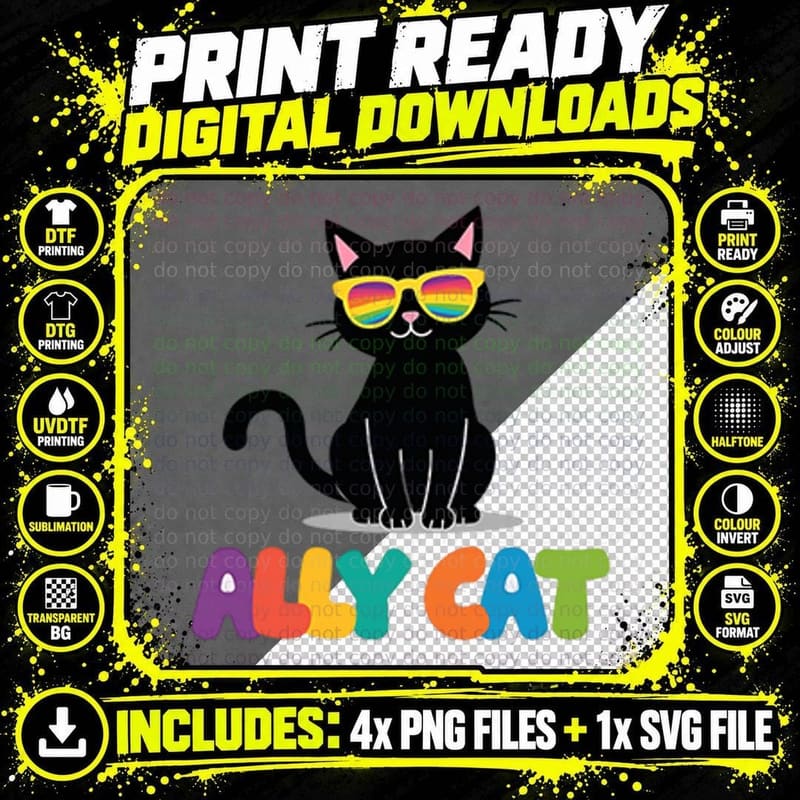 Ally Cat Black Cat Rainbow Sunglasses Pride Support Png SVG Digital Bundle