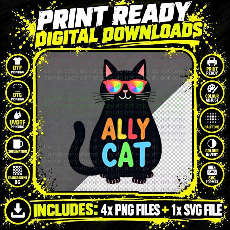 Ally Cat Cartoon Black Cat Rainbow Sunglasses Pride Png SVG Digital Bundle