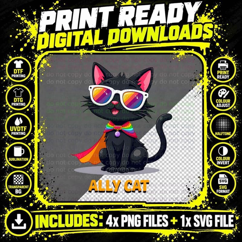 Ally Cat Cute Black Cat Rainbow Sunglasses Pride Support Png SVG Digital Bundle