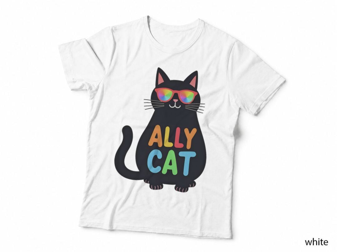 Ally Cat Pride Support Cartoon Black Cat Rainbow Sunglasses Cute Animal T-Shirt