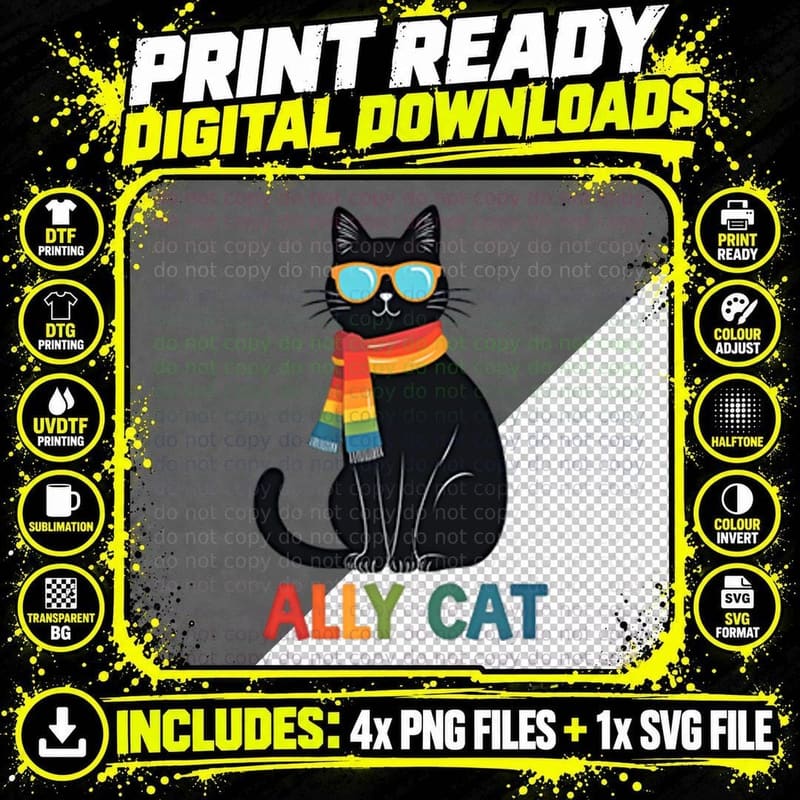 Ally Cat Rainbow Sunglasses Black Cat Pride Support Cute Png SVG Digital Bundle