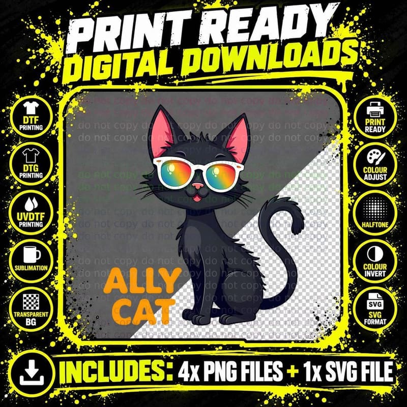 Ally Cat Rainbow Sunglasses Cute Black Cat Pride Support Png SVG Digital Bundle