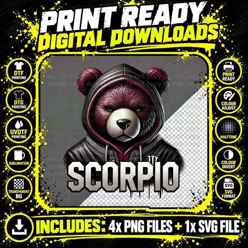 Angry Gangster Bear in Hoodie Scorpio Zodiac Sign Png SVG Digital Bundle