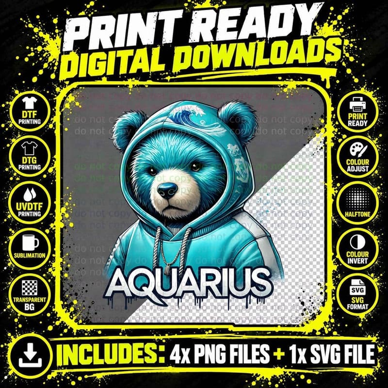 Aquarius Zodiac Bear Hoodie Streetwear Astrology Gift Png SVG Digital Bundle