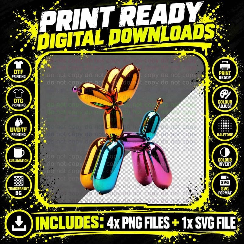 Artistic Rainbow Chrome Balloon Dog Metallic Finish Art Png SVG Digital Bundle