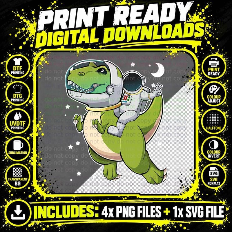 Astronaut Riding T-Rex Dinosaur Space Galaxy Dino Png SVG Digital Bundle