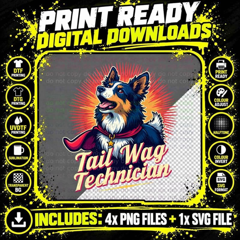 Australian Shepherd Superhero Dog with Cape Tail Wag Png SVG Digital Bundle