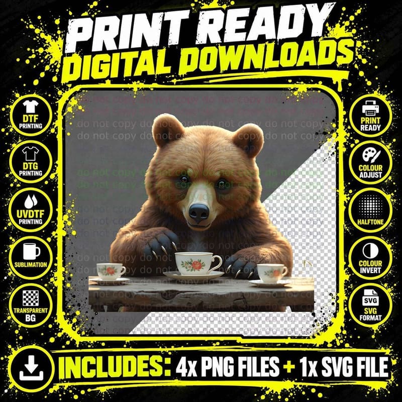 Baby Grizzly Bear Tea Party T-Shirt Png SVG Digital Bundle