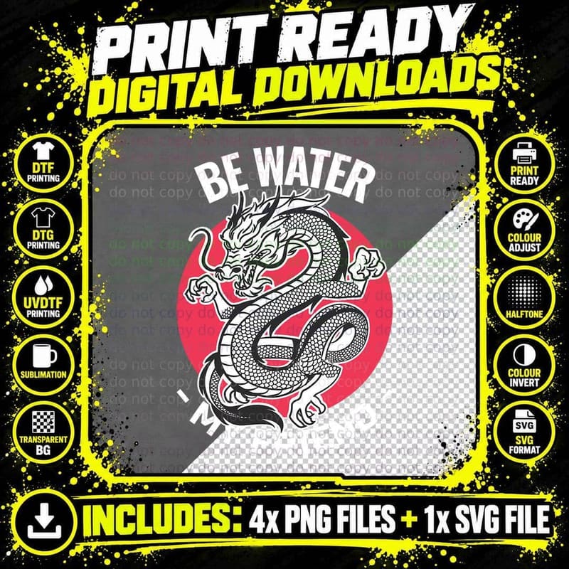 Be Water Dragon Martial Art Flying Dragon Power Symbol Png SVG Digital Bundle