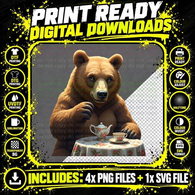 Bear with Teacup Funny Gift T-Shirt Png SVG Digital Bundle