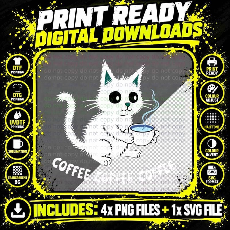 Black Cat Drinking Coffee, Funny Cat Lover Gift Need Png SVG Digital Bundle